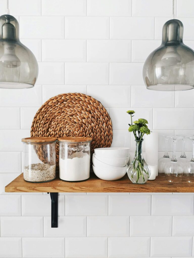 cozy Kitchen with glass organized jars on a wooden shelf