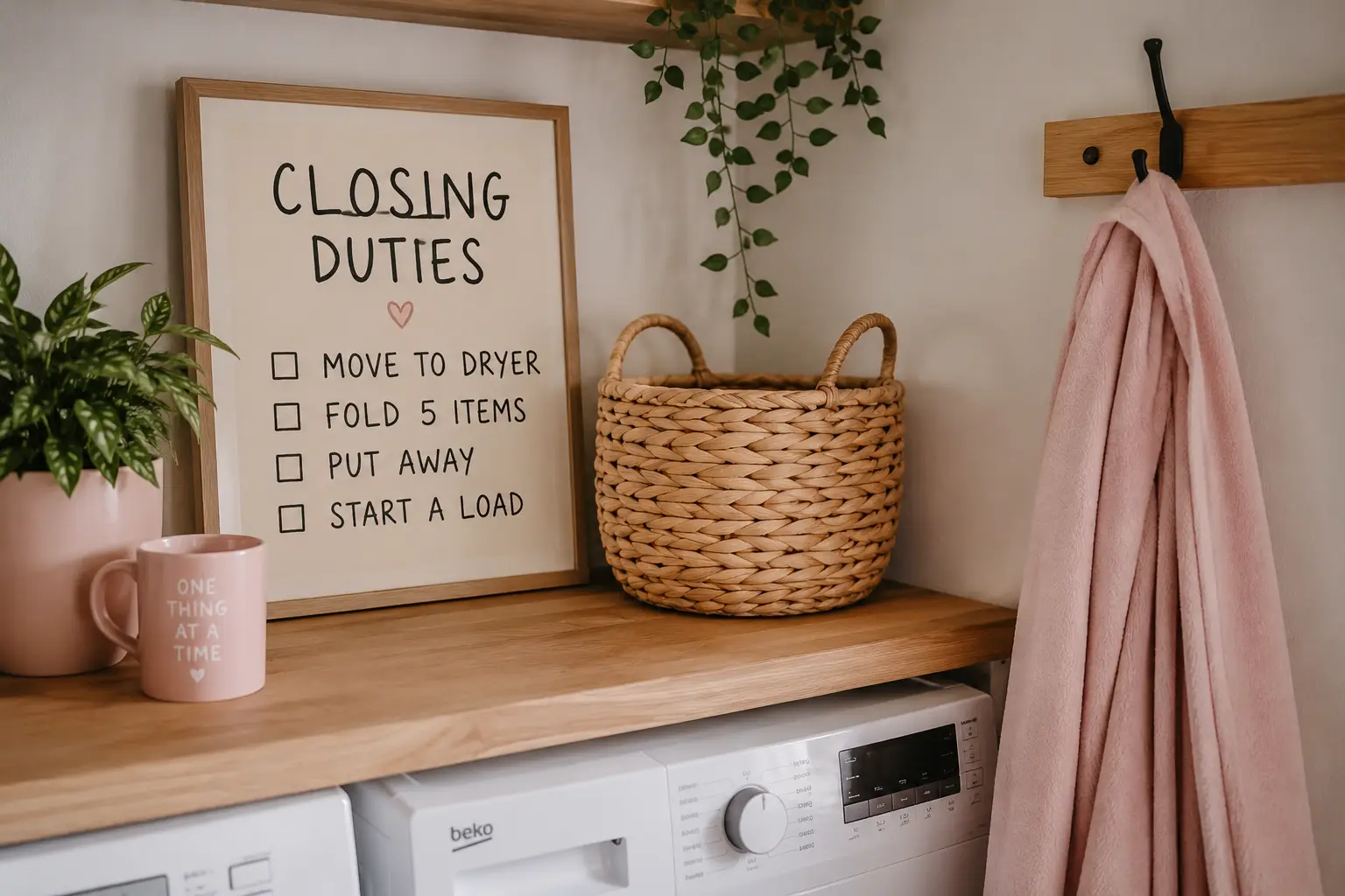 cozy Laundry aesthetic organized washing. Closing duties