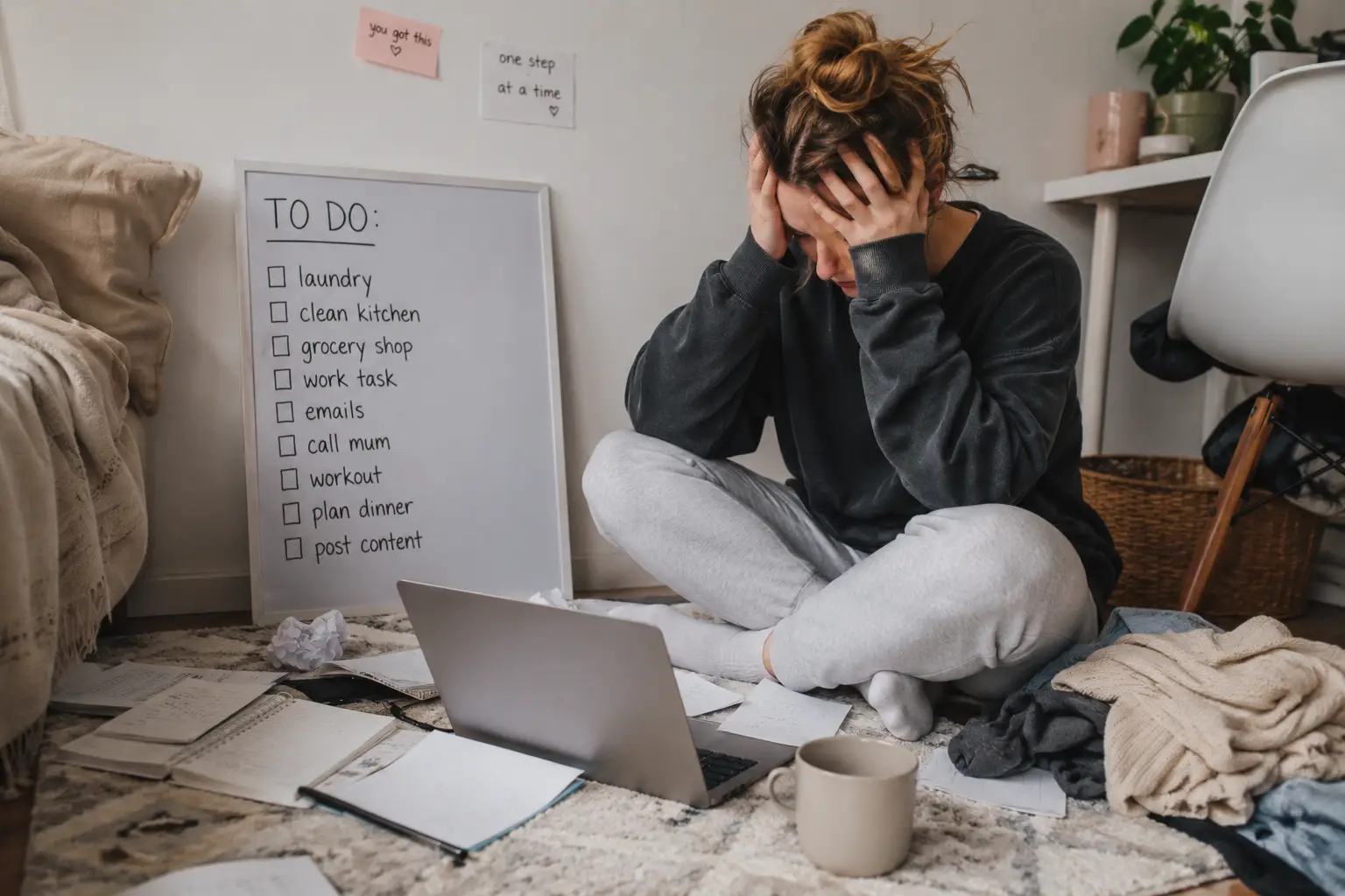 adhd task paralysis. woman overwhelmed in a cluttered space