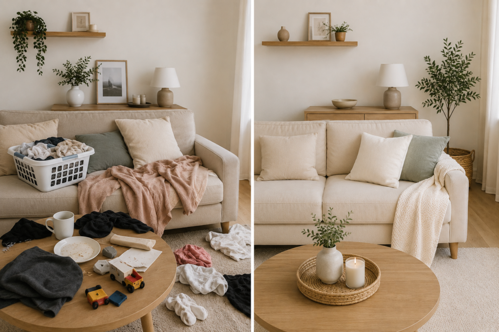 messy unorganised home v tidy home