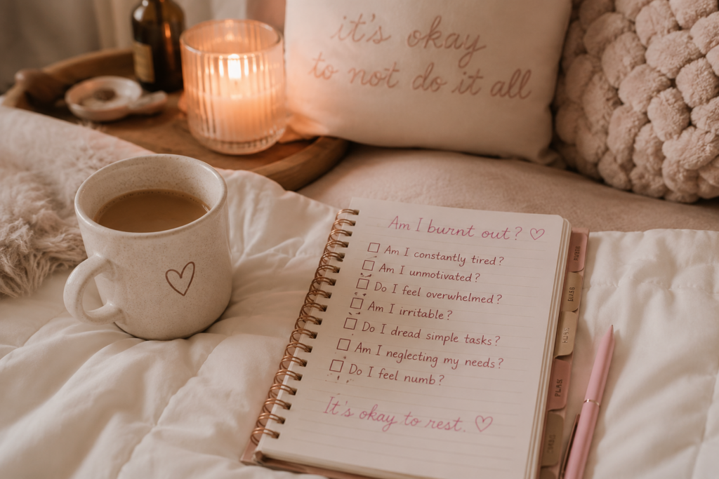 Cozy journal lighting cup of tea on the journal says am i burnt out