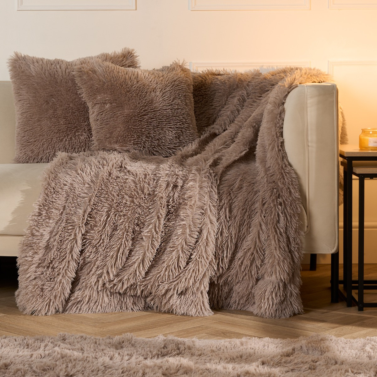 beige fluffy throw