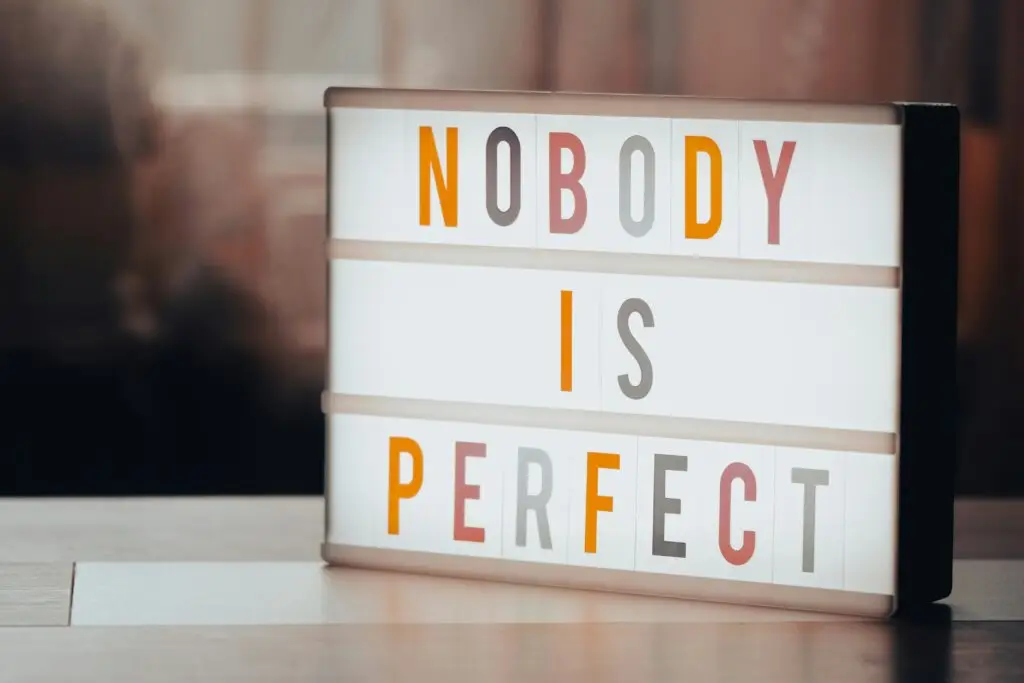 Illuminated sign displaying 'Nobody is Perfect' emphasizes positivity and self-acceptance.
