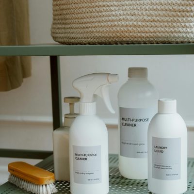 A neatly arranged collection of cleaning supplies on a metal shelf.